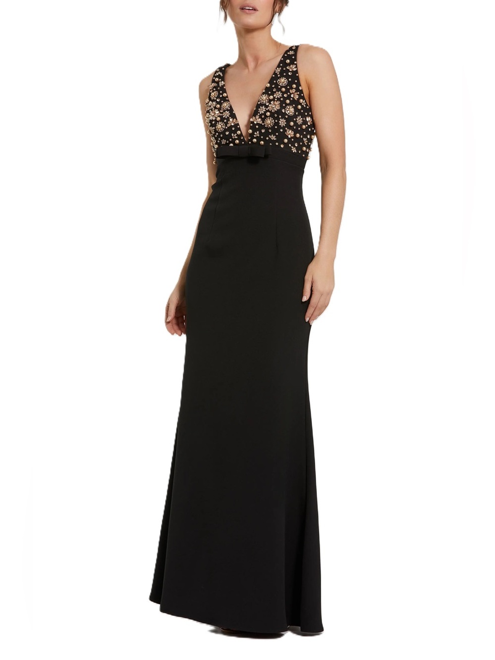 Mac Duggal Crepe Sleeveless Beaded V Neck Gown With Bow